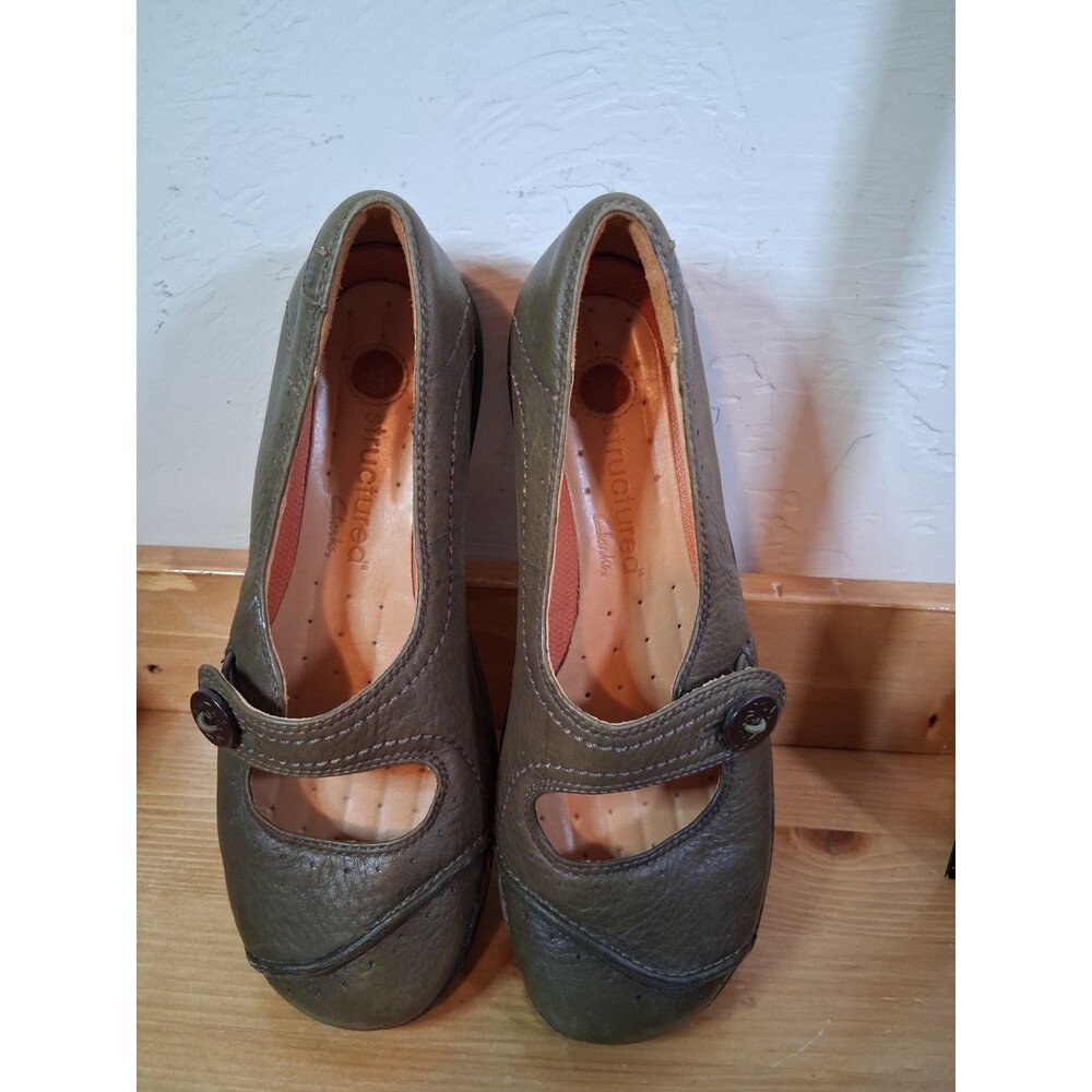 Clarks Un Structured Mary Jane Shoes Women's 6.5M Greenish Leather Comfort Flats